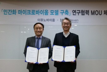 왼쪽부터 임신혁 이뮤노바이옴 대표, 김석진 바이오일레븐 기업부설연구소장.