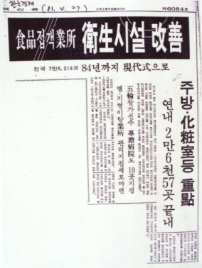 보사부는 88올림픽에 대비하여 전국 식품접객업소의 위생시설을 84년까지 현대식으로 개선할 방침이라고 보도하였다(1983.4.27 한국경제신문 기사)