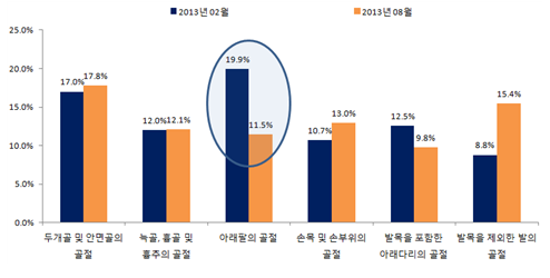 <골절> 세부상병별 월별 비중 비교  (2013년 2, 8월)