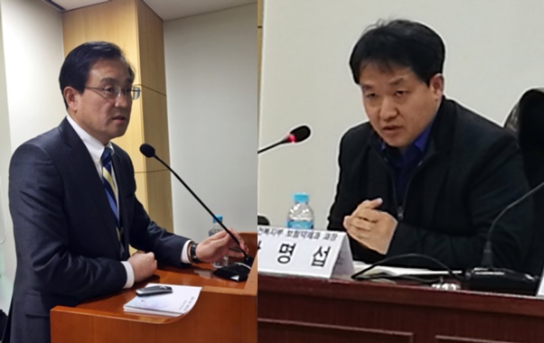 김성호 한국글로벌의약산업협회 전무(왼쪽)와 곽명섭 복지부 보험약제과장