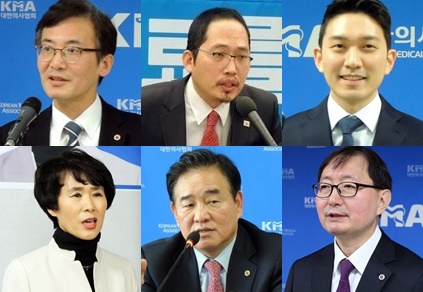 (왼쪽부터)이용민, 최대집, 기동훈, 김숙희, 임수흠, 추무진 후보